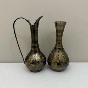 Vintage Solid Black Brass Gold Etched Vase & Decanter Pitcher Set Made In India